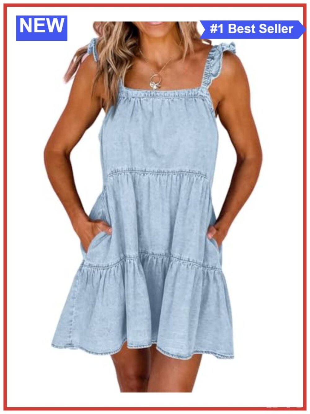 Jean Babydoll Mini Dress with Pockets Sleeveless Ruffle Denim